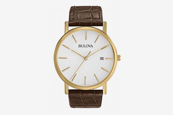 Bulova Men's Classic Gold-Tone Stainless Steel Watch With Brown Leather Ban