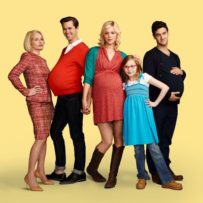 THE NEW NORMAL -- Season: Pilot -- Pictured: (l-r) Ellen Barkin as Jane, Andrew Rannells as Bryan, Georgia King as Goldie, Bebe Wood as Shania, Justin Bartha as David -- (Photo by: Robert Trachtenberg/NBC)