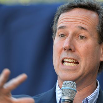 Republican presidential hopeful Rick Santorum speaks to supporters in front of the Blair County Courthouse during a campaign rally on April 4, 2012, in Hollidaysburg, Pennsylvania.