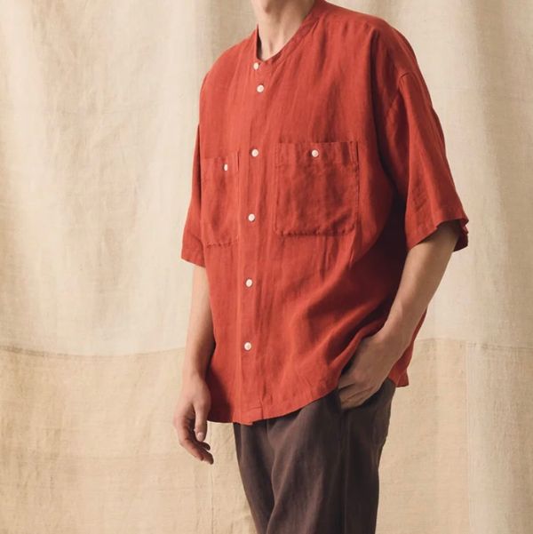 Toast Garment Dyed Linen Grandad Collar Shirt