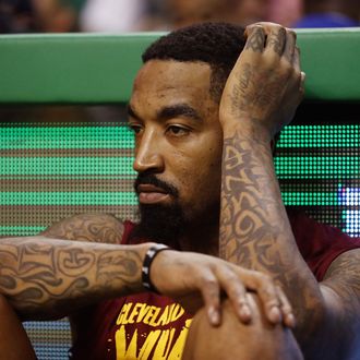 J.R. Smith beats the first quarter buzzer and celebrates wildly