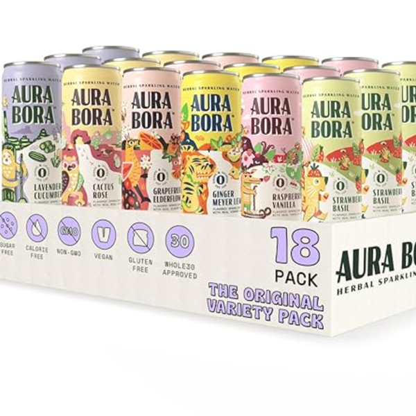 Aura Bora, Variety Pack Herbal Sparkling Water, 12 oz Can (Pack of 18)