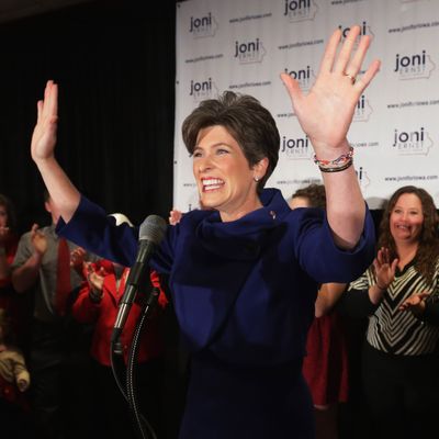 WEST DES MOINES, IA - NOVEMBER 04: Republican U.S. Senate candidate Joni Ernst takes the stage on election night after being projected as the winner at the Marriott Hotel November 4, 2014 in West Des Moines, Iowa. Ernst is projected to have defeated opponent Democrat Rep. Bruce Braley (D-IA) after both were locked in a months-long campaign battle that had them tied in the polls going into election day. (Photo by Chip Somodevilla/Getty Images)