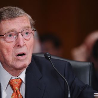 Former Senator Pete Domenici, R-NM, introduces former White House chief of staff Jack Lew during the Senate Finance Committee hearing on Lew's nomination to be Treasury Secretary on February 13, 2013 in the Dirksen Senate Office Building on Capitol Hill in Washington, DC. 