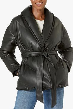 Blank NYC Black Faux Leather Puffer Jacket with Belt Closure