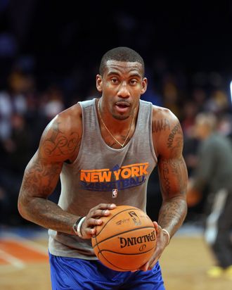 Amar'e Stoudemire #1 of the New York Knicks warms up prior to the game against the Los Angeles Lakers at Madison Square Garden on December 13, 2012 in New York City.