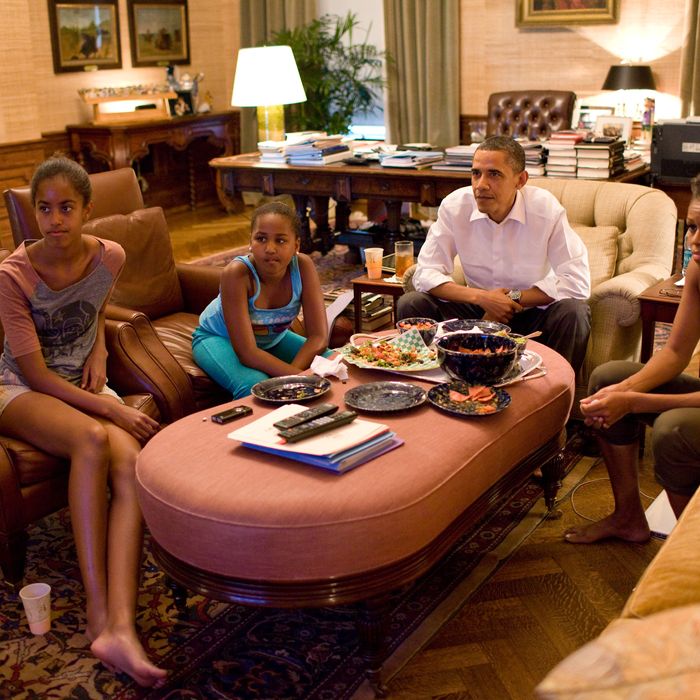 WASHINGTON, DC - JULY 17: In this handout provided by the White House, U.S. President Barack Obama and first lady Michelle Obama with their daughters Sasha and Malia watch the World Cup soccer game between the U.S. and Japan, from the Treaty Room office in the residence of the White House July 17, 2011 in Washington, DC. The U.S. lost to Japan in a shootout. (Photo by Pete Souza/The White House via Getty Images)