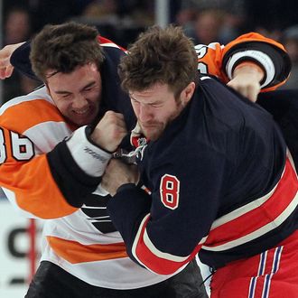 NEW YORK, NY - NOVEMBER 26: Zac Rinaldo #36 of the Philadelphia Flyers and Brandon Prust #8 of the New York Rangers fight just four seconds into the first period at Madison Square Garden on November 26, 2011 in New York City. (Photo by Bruce Bennett/Getty Images)