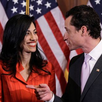 Rep. Anthony Weiner, D-N.Y., and his wife, Huma Abedin, aide to Secretary of State Hillary Rodham Clinton, are pictured after a ceremonial swearing in of the 112th Congress on Capitol Hill in Washington, Wednesday, Jan. 5, 2011..