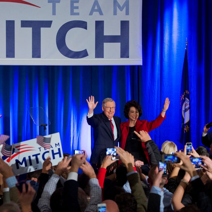Senate Minority Leader Mitch McConnell, R-Ky., and his wife Elaine Chao, address the crowd during a party for Kentucky Republicans in Louisville, Ky., November 4, 2014. McConnell defeated Democratic challenger Alison Lundergan Grimes.