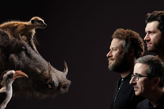 Billy Eichner as Timon, Seth Rogen as Pumbaa, and John Oliver as Zazu.