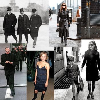<i>Clockwise from top left:</i> New Yorkers wearing black in 1903, 2016, 1981, 2016, 1968, 2000, and 2000.