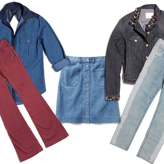 Clockwise from left: Moody Blue Shirt by Lakdah, Mini Studs Jacket by ACNE, Rock & Roll Paint Splattered Jeans by JNBY, Halli Denim Skirt by Club Monaco, and High-Rise Flared Jeans by Silence & Noise.