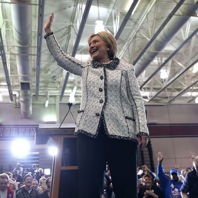 Hillary Clinton greets supporters during her primary night gathering on February 27 at the University of South Carolina.