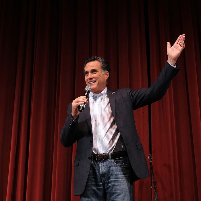 Republican presidential candidate and former Massachusetts Gov. Mitt Romney speaks during a campaign rally at the Royal Oak Theatre on February 27, 2012 in Royal Oak, Michigan.