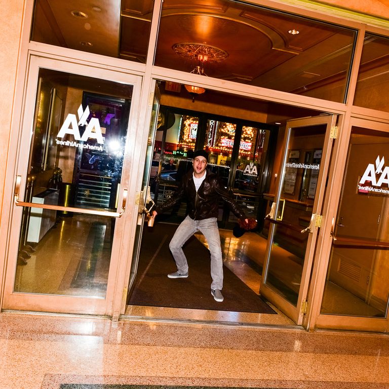 Taran Killam entering the American Airlines Theater, 24 hours before he'll be performing an as-yet-unwritten play.
