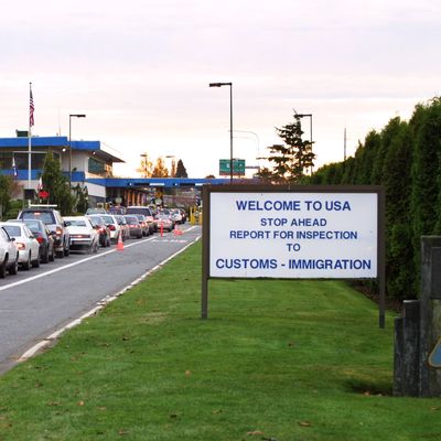 Cars wait in line at the port of entry in Blaine, Washington, at the U.S.-Canada border.