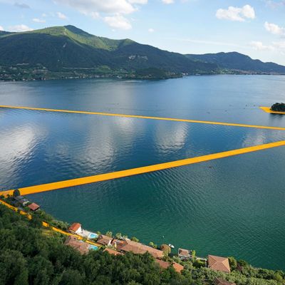 An aerial view of <i>Christo and Jeanne Claude, The Floating Piers</i>, Lake Iseo, Italy.