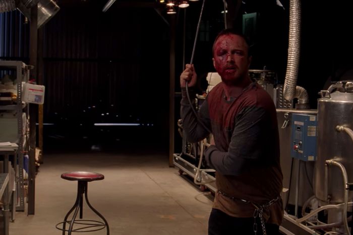 Jesse cooking meth for Todd, Uncle Jack, and the Nazis in Breaking Bad.