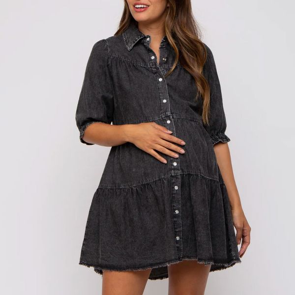 Vestido camisero premamá con gradas de cambray negro de Pinkblush