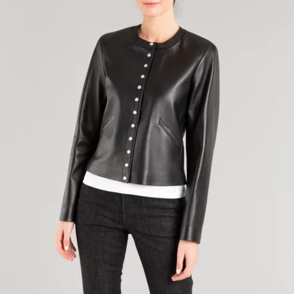 Agnes B. Black Lamb Leather Snap Cardigan