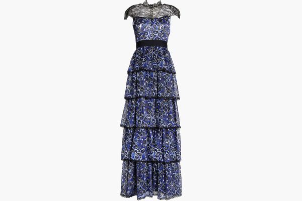 ALICE+OLIVIA McKee Chantilly lace-paneled tiered printed silk maxi dress