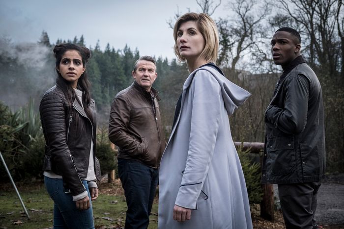 Mandip Gill as Yasmin, Bradley Walsh as Graham, Jodie Whittaker as The Doctor, and Tosin Cole as Ryan.