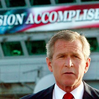 U.S. President George W. Bush declares an end to major combat in Iraq during a speech to crew aboard the aircraft carrier USS Abraham Lincoln as the carrier steamed toward San Diego, California, in this May 1, 2003 file photo. 