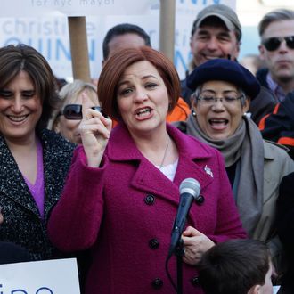 New York City Council speaker and mayoral hopeful Christine Quinn, center, speaks to the media as she announces her mayoral run in New York, Sunday, March 10, 2013.