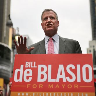 NEW YORK, NY - AUGUST 12: Public Advocate and New York City Mayoral candidate Bill de Blasio speaks at an endorsement in Times Square by Local 802, which represents musicians playing in Broadway musicals, the Metropolitan Opera, the New York Philharmonic, and other musical ensembles on August 12, 2013 in New York City. De Blasio responded to the federal court ruling this morning that has called New York City's stop-and-frisk policies unconstitutional by saying that he agrees with the judgement. (Photo by Spencer Platt/Getty Images)