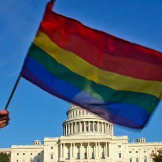 A demonstrator waves a rainbow flag in front of the US Capitol in Washington on October 11, 2009 as tens of thousands of gay activists marched to demand civil rights, a day after President Barack Obama vowed to repeal a ban on gays serving openly in the US military. AFP PHOTO/Maria Belen PEREZ GABILONDO (Photo credit should read Maria Belen Perez Gabilondo/AFP/Getty Images)