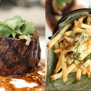 烤裙子牛排配上墨西哥辣酱，配上蒜蓉薯条