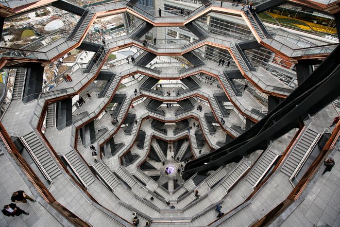 View looking down the central core of the Vessel at Hudson Yards.