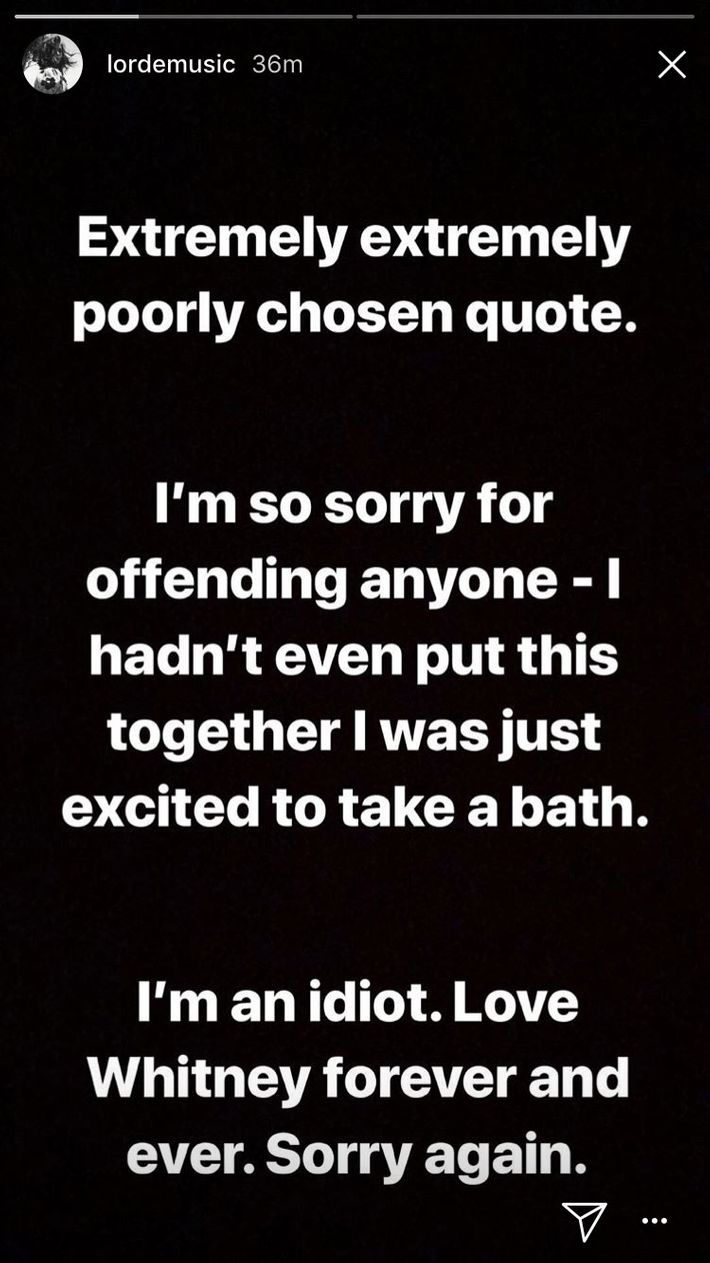 Screenshot of Lorde's Instagram story.