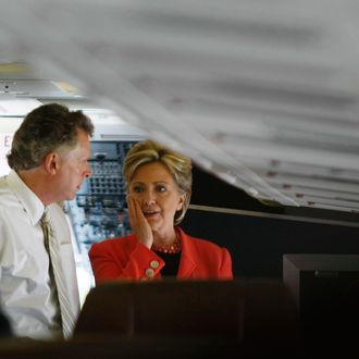 CHARLESTON, WV - MAY 13: Democratic presidential hopeful U.S. Senator Hillary Clinton (D-NY) talks with her campaign chairman Terry McAuliffe on her campaign plane as she prepares to fly to her primary night event at the Charleston Civic Center May 13, 2008 in Charleston, West Virginia. Senator Barack Obama, (D-IL) and Senator Hillary Clinton (D-NY) continue the Democrats battle for their party's presidential nomination. (Photo by Joe Raedle/Getty Images) *** Local Caption *** Hillary Clinton;Terry McAuliffeion