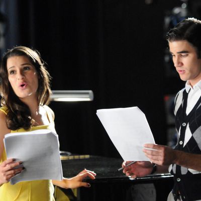 GLEE: Rachel (Lea Michele, L) and Blaine (Darren Criss, R) rehearse for their performance in West Side Story in "The First Time" episode of GLEE airing Tuesday, Nov. 8 (8:00-9:00 PM ET/PT) on FOX. ©2011 Fox Broadcasting Co. Cr: Mike Yarishr/FOX