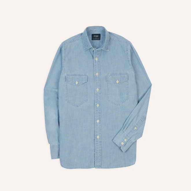 Drake's Blue Cotton Chambray Two-Pocket Work Shirt