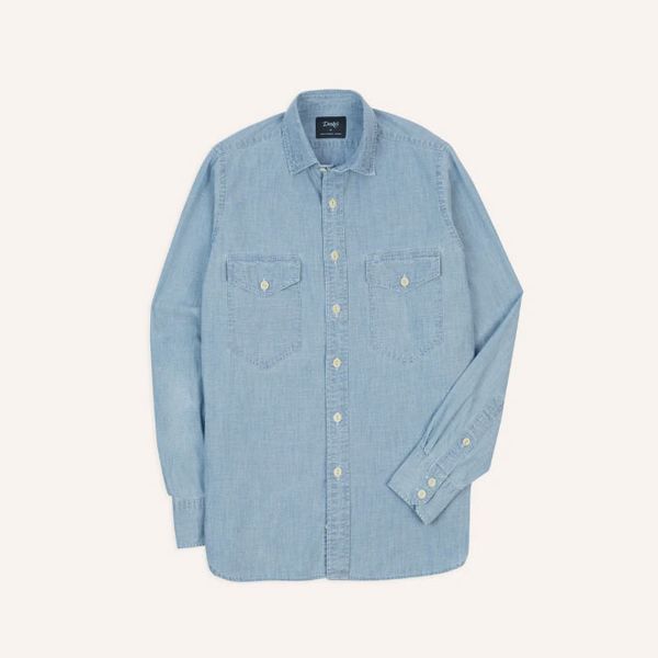 Drake’s Blue Cotton Chambray Two-Pocket Work Shirt