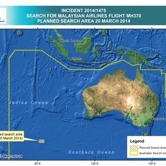 INDIAN OCEAN - This handout Satellite image made available by the AMSA (Australian Maritime Safety Authority) shows a map of the planned search area for missing Malaysian Airlines Flight MH370 on March 20, 2014. Two objects possibly connected to the search for the passenger liner, missing for nearly two weeks after disappearing on a flight from Kuala Lumpur, Malaysia to Beijing, have been spotted in the southern Indian Ocean, according to published reports quoting Australian Prime Minister Tony Abbott. (Photo by AMSA via Getty Images)
