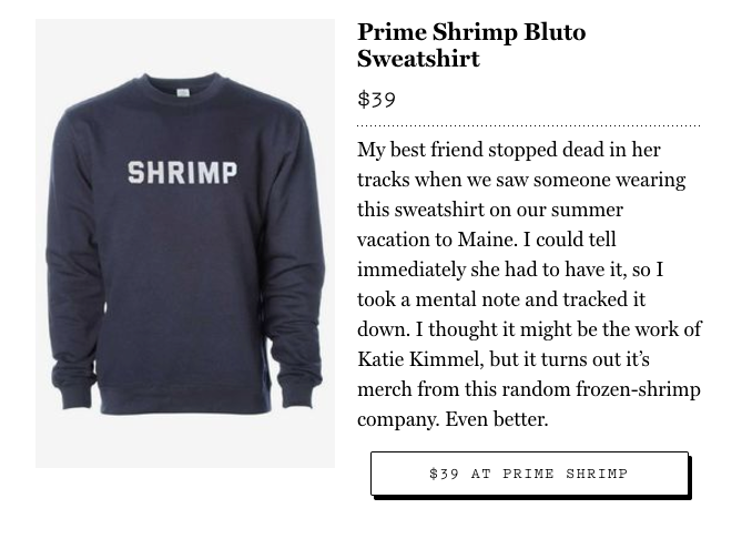 A screenshot from the story featuring a navy blue sweatshirt that says SHRIMP.