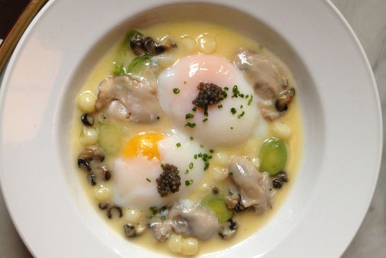 Maison Premiere's poached oysters and eggs.