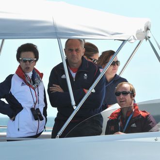 Princess Anne and Sir Timothe Laurence (L) attend Women's Laser Radials race on Day 10 of the London 2012 Olympic Games at the Weymouth & Portland Venue at Weymouth Harbour on August 6, 2012 in Weymouth, England.