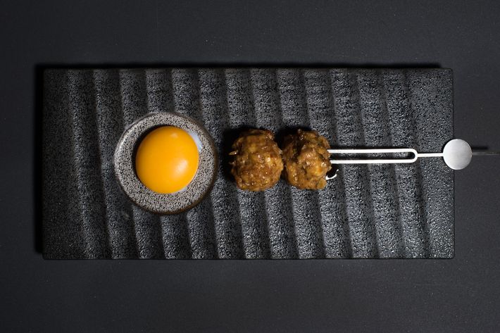 Tsukune: chicken meatball, egg yolk.