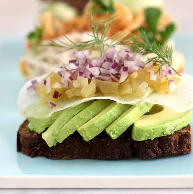 Avocado, pickled green tomato, and crûdité of daikon.