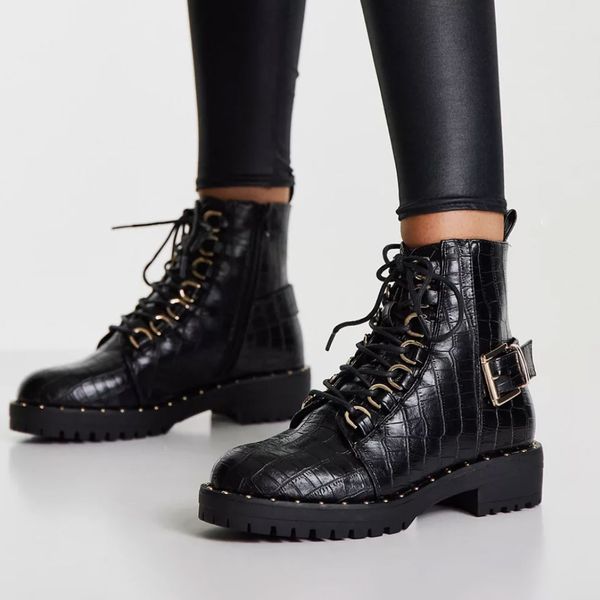 ASOS DESIGN Aura lace up hiker boots in black croc