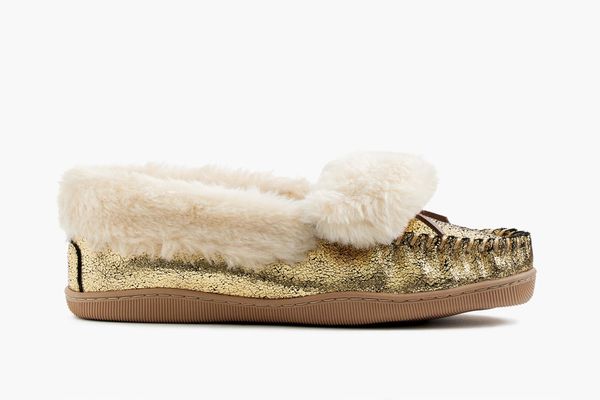 Women’s crackled metallic suede lodge moccasins