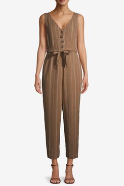 Time and Tru Women’s Sleeveless Linen Jumpsuit With Tie Belt