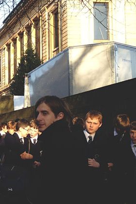 Gabel passing a school in Glasgow.