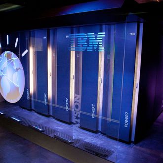 A general view of IBM's 'Watson' computing system at a press conference to discuss the upcoming Man V. Machine 