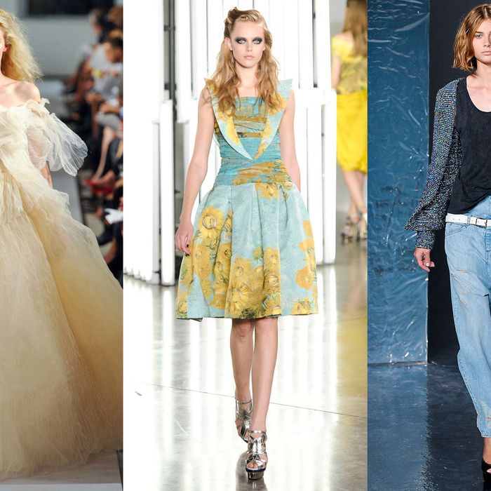 From left: spring looks from Oscar de la Renta, Rodarte, and Theyskens' Theory.